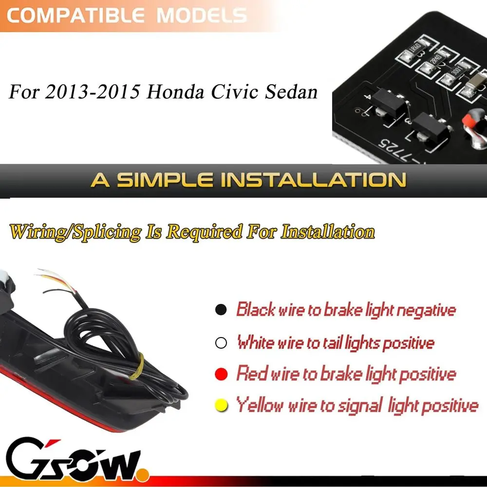 مصد LED متسلسل عاكس الفرامل الذيل بدوره أضواء الإشارة لسيارة هوندا سيفيك سيدان 2013-2015 - عدسة حمراء ، ملحقات سيفيك سيدان #5