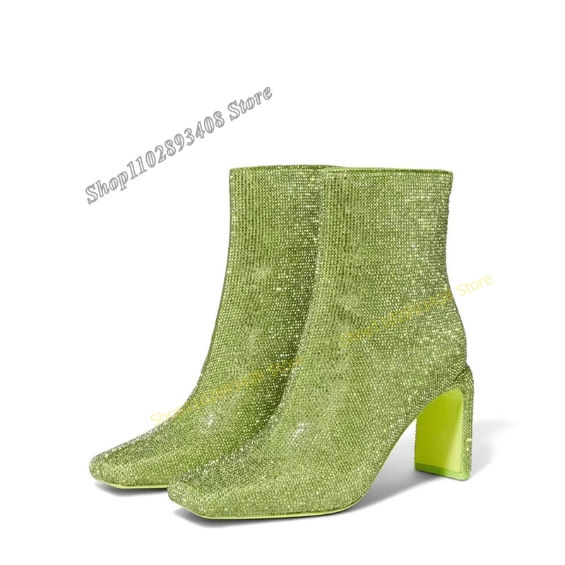 Green Color Crystal Decor Ankle Boots Solid Square Toe Back Zipper Women Shoes Concise 2023 Fashion Sexy Zapatos Para Mujere