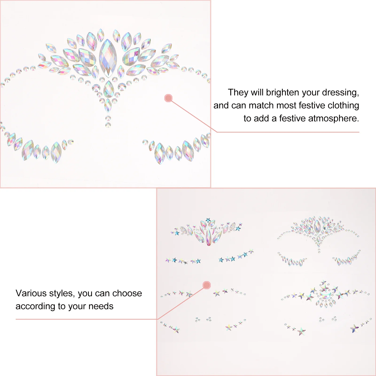 ملصقات الوجه والأحجار الكريمة من الأكريليك لحفلات المهرجانات والهالوين وديكور الوشم المؤقت
