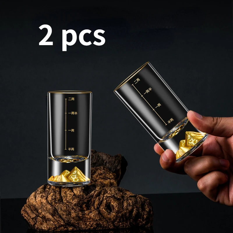 2pcs Golden Mountain Vision Glass 100ml Gold Foil Cups Graduated Cup Luxury Gift Gold Scale Drinkware Small Wine Cups Shot Glass