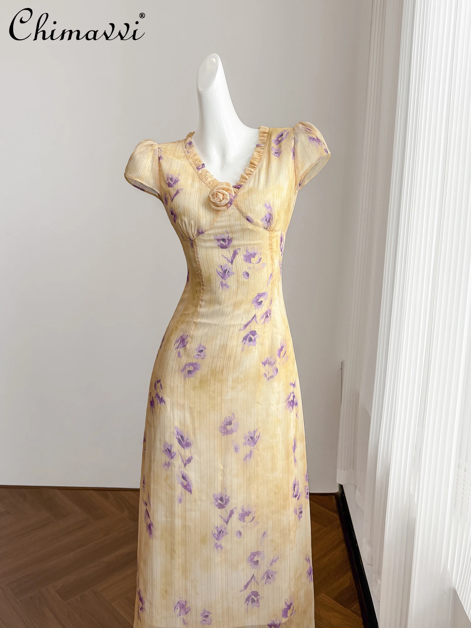 

Vintage Rose Print Summer Yellow Dresses Elegant Socialite V-neck Short Sleeve High Waist Slim A-line Long Evening Dress Women