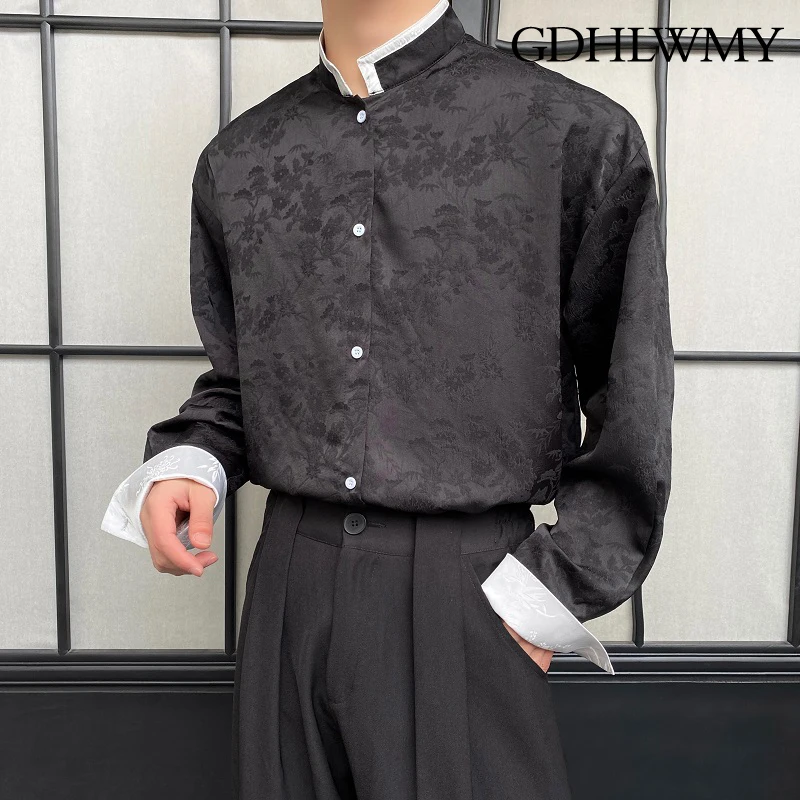 

GDHLWMY Spring and Autumn New Chinese style jacquard stand collar men's and women's loose Zen casual long sleeved shirt