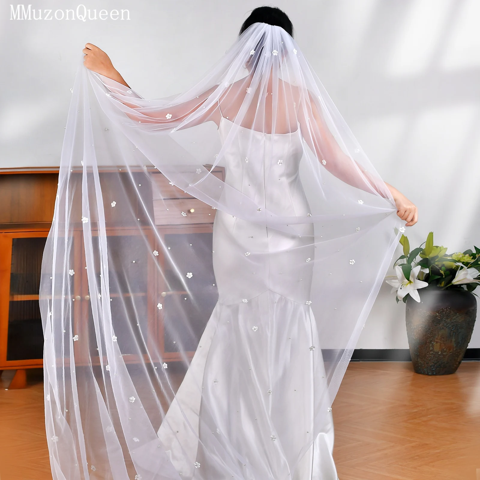 TOPQUEEN الأبيض ثلاثية الأبعاد الحجاب الزفاف الأزهار اللؤلؤ طرحة زفاف كريم شريط أبيض مشط اكسسوارات الزفاف للتخصيص V83