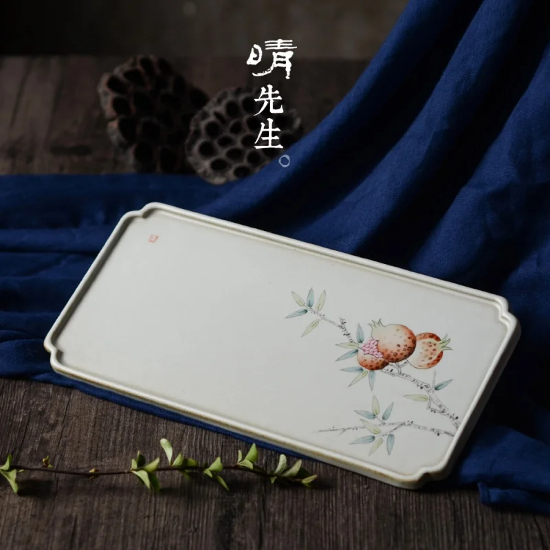 Jingdezhen Overglazed Color Figure Hand Painted Pomegranate Pot Tray Pot Mat Ru Ware Handmade Tea Table Small Tea Tray Kung Fu T