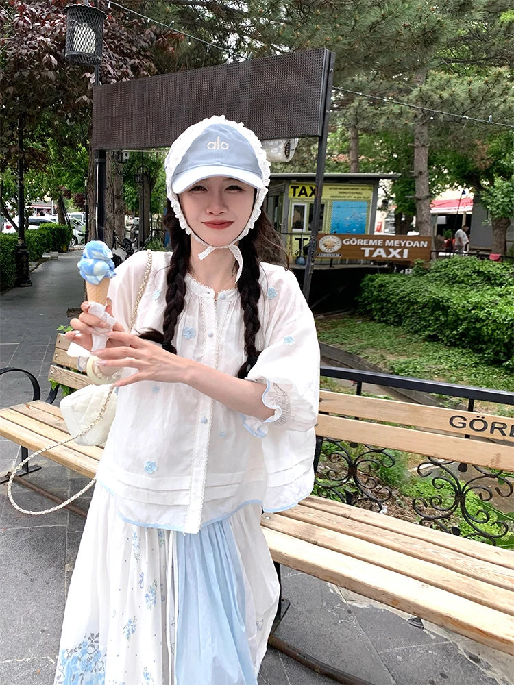 

Льняной комплект Yuxiao ручной работы: юбка и топ с цветочным принтом, летний повседневный наряд с длинными рукавами