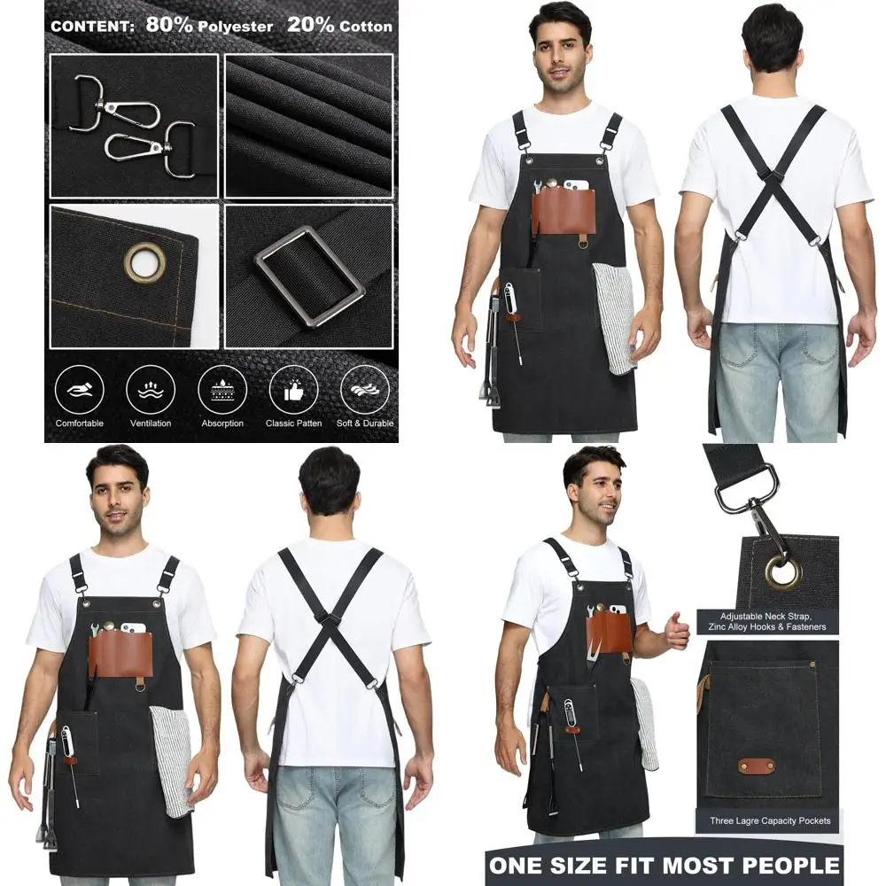 

Регулируемый фартук шеф-повара с перекрестной спинкой и 3 большими карманами, прочный и легко чистится для мужчин и женщин