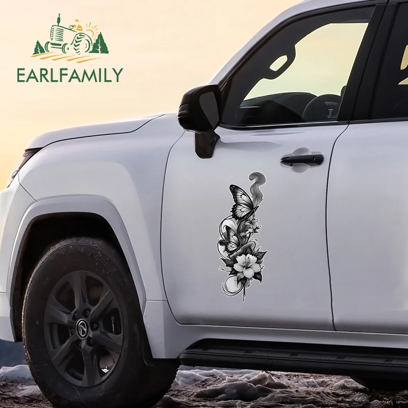 

EARLFAMILY 43cm Ink Butterfly Flowers Car Stickers Vinyl Car Wrap Custom Printing For Auto Body Decal Windows Surfboard Decals