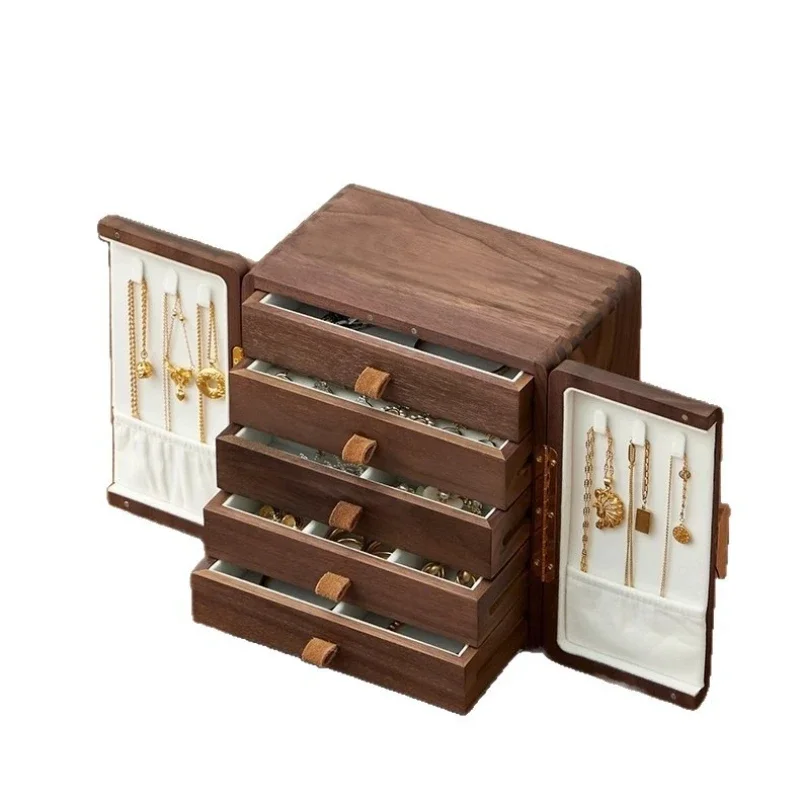 Solid wood jewelry box storage box light luxury high-end exquisite large-capacity multi-layer earrings necklace jewelry