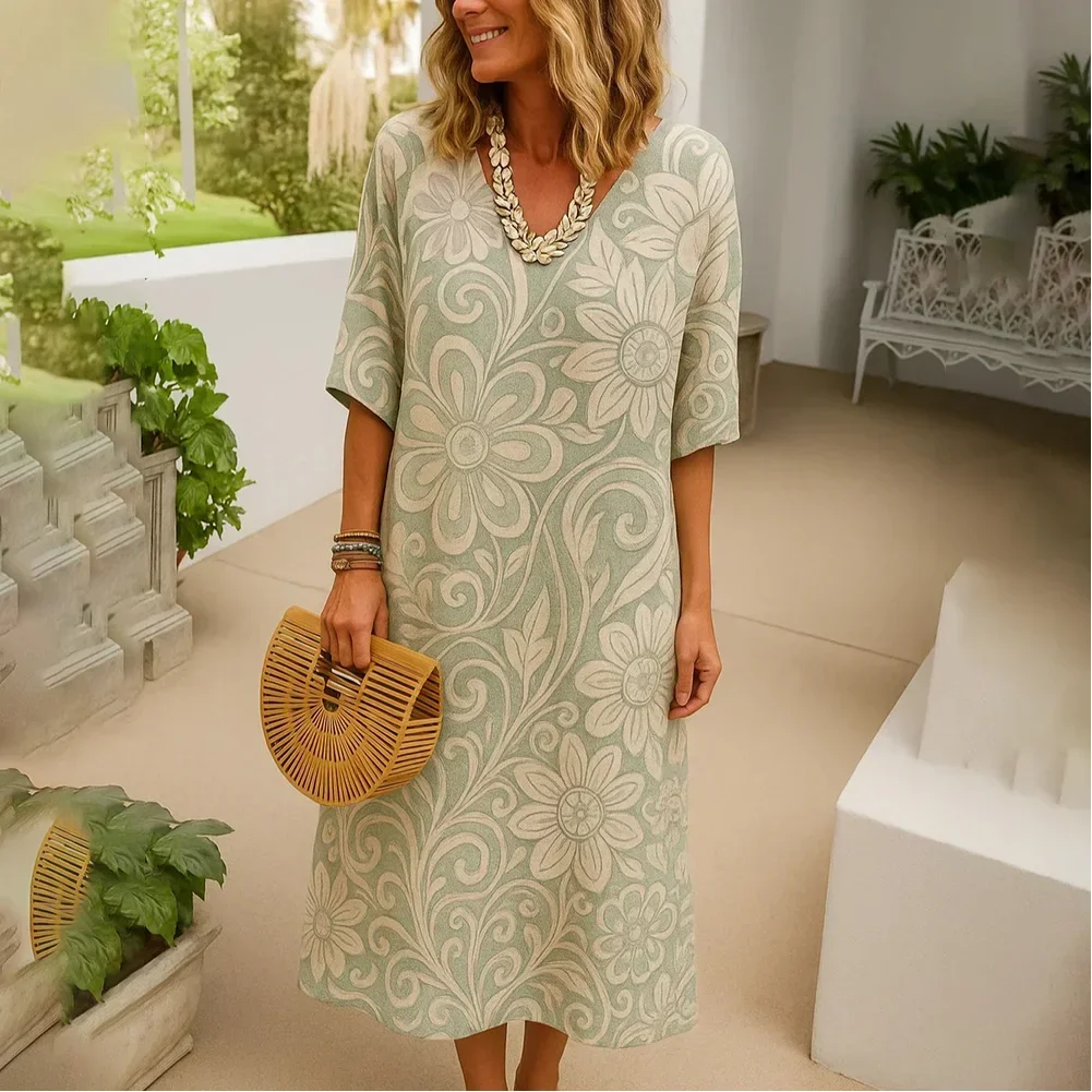 Ladies Long Dress Casual Floral 3D Printed Mid-length Sleeve Dress Fashion Sexy Party Dresses Woman Clothes 2025