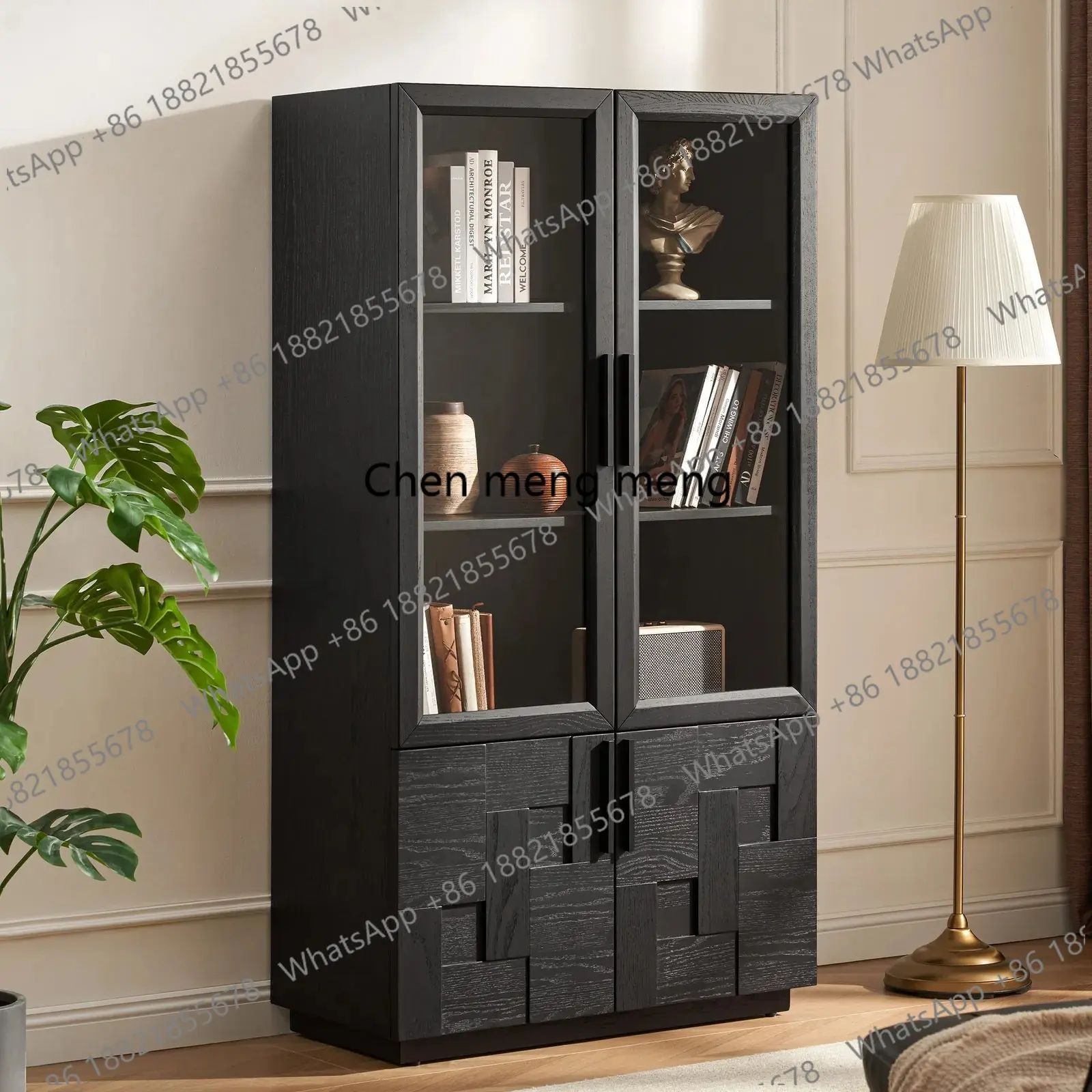 Italian minimalist black oak glass bookcase Solid wood display case Geometric splicing storage, display case