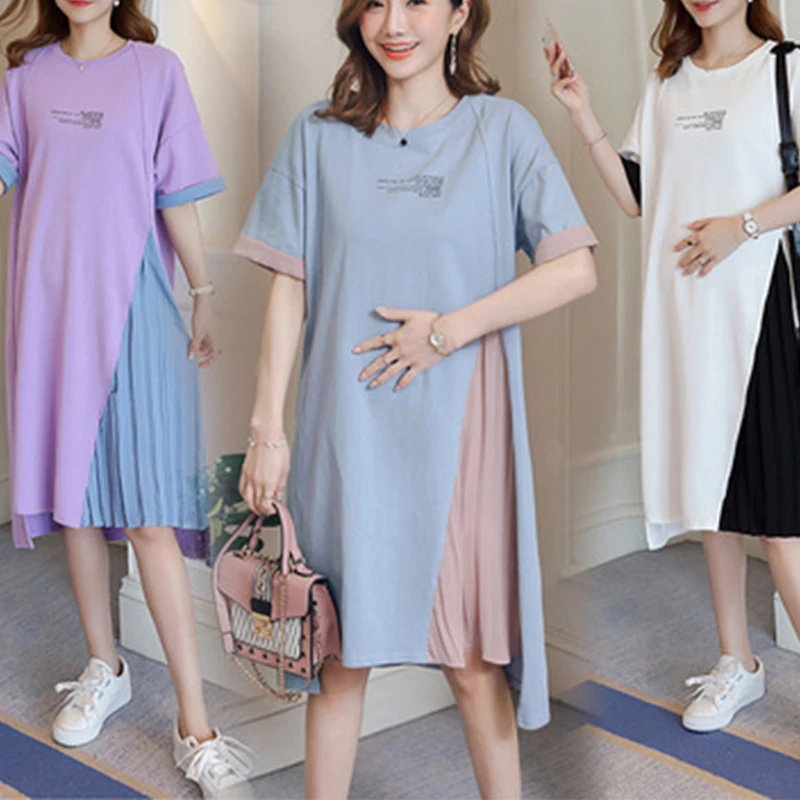 

Maternity Dress Pleasted Chiffon Maternity Dresses Summer New Solid Short Sleeve Loose Pregnancy Clothes For Pregnant Women