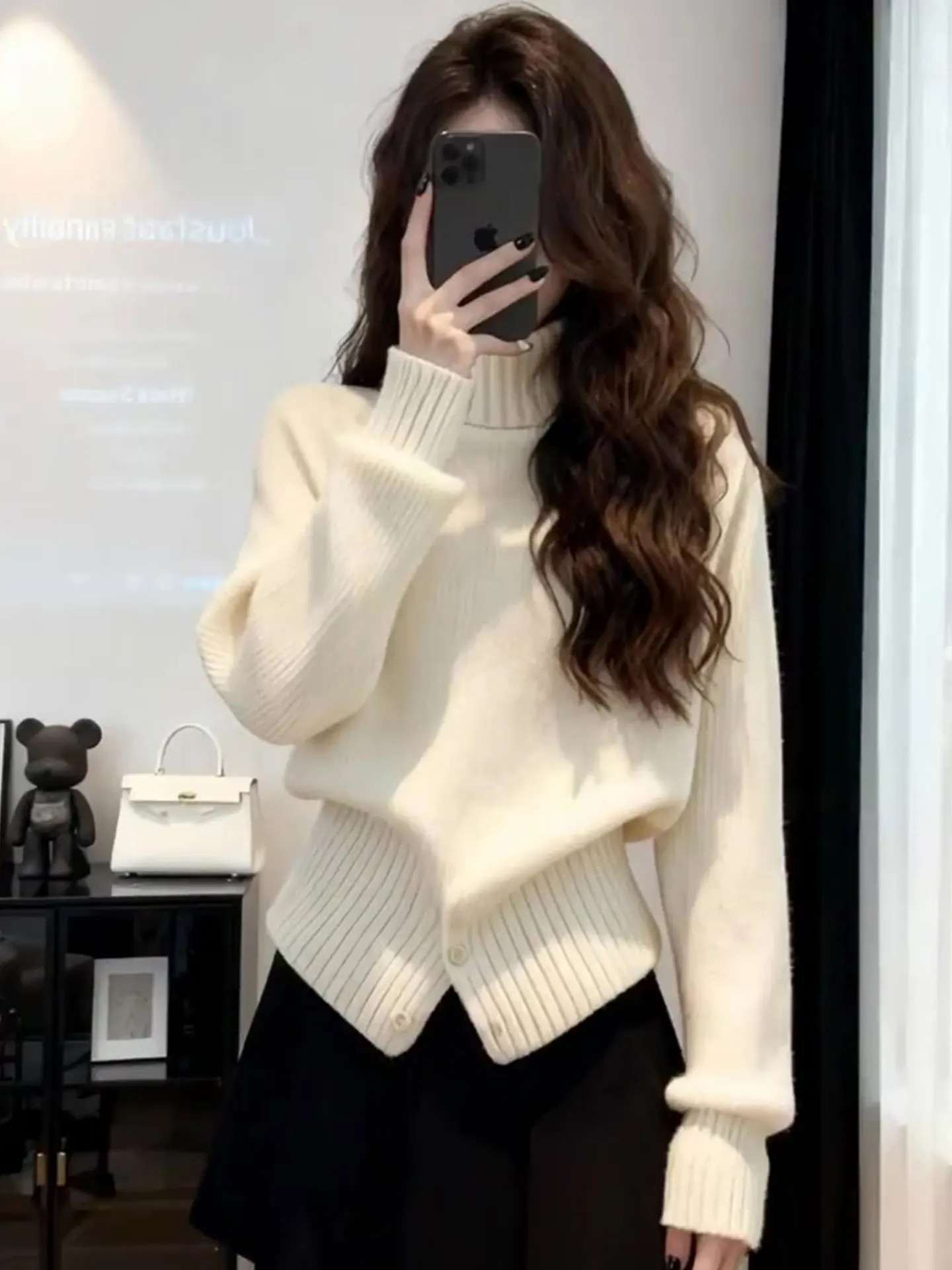 

Женский вязаный свитер Ele Simple High Ne Pure Color с длинными рукавами, модный зимний топ, теплый, термо, стандартный крой