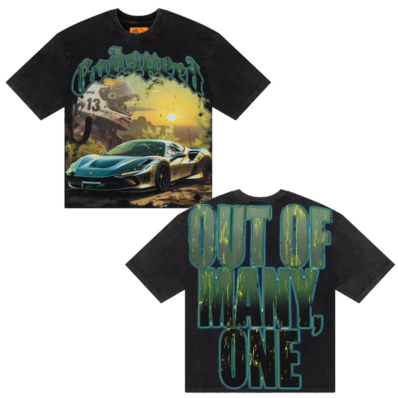 

Новая американская модная футболка GOD SPEED с черепом и спортивным автомобилем, высокое качество, Нью-Йорк, винтажный топ с короткими рукавами, мужская уличная одежда