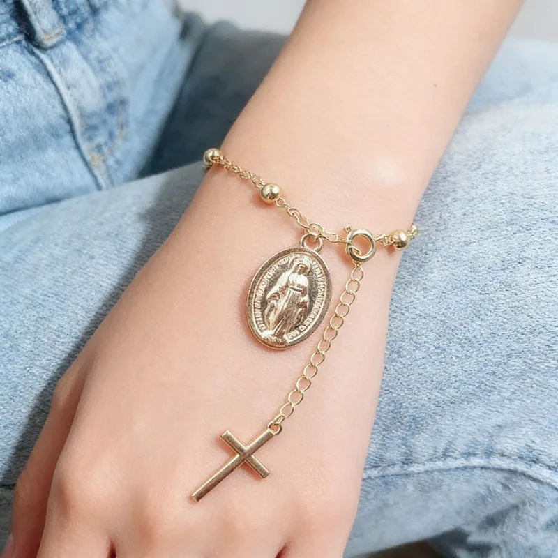 Pulsera ajustable con cuentas, cruz de la Virgen María, estilo europeo, joyería minimalista para mujer