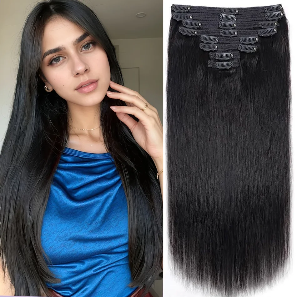 

Straight Clip ins Natural Black Color #1B 120G Clip Real 100% Human Hair Extensions 16Inch For Black Women Natural Black Color