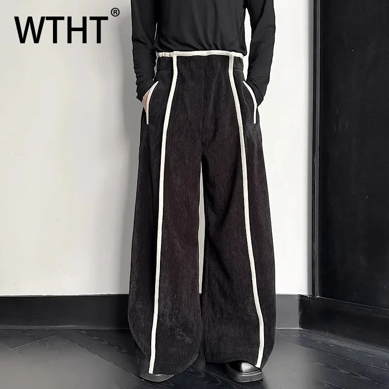 

WTHT Fashion Men's Spliced Striped Contrast Color Design Pants Trendy High-waisted Straight Trousers Male 2025 Autumn 2A1847