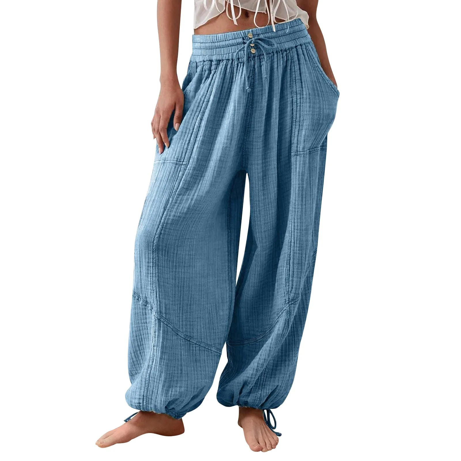 Loose Lantern Pants Women'S Solid Color Drawstring Wide Leg Pants Elastic Waistband Casual Pants Oversized Sports Pants For Wome