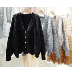 Korean Style V-Neck Short Knitted Loose Sweater Coat Single Button Sparkling Lazy Style Autumn Winter New Arrival Women's Fas...