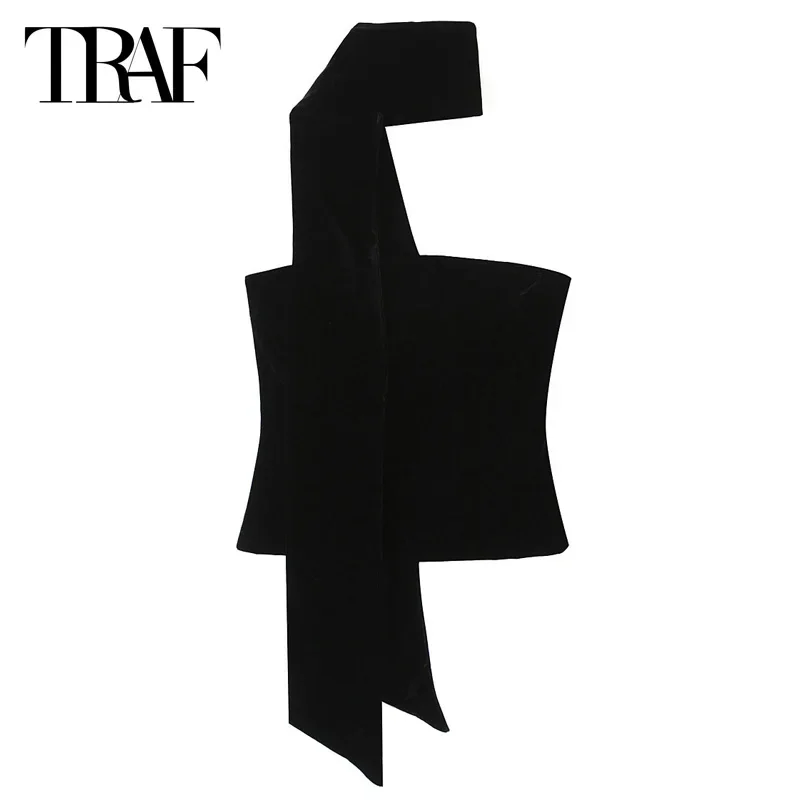 TRAF Crop Velvet Top Women 2024 Tanks & Camis Autumn Black Corset Woman Sleeveless Backless Scarf Neck Tank Top Casual Sexy Vest