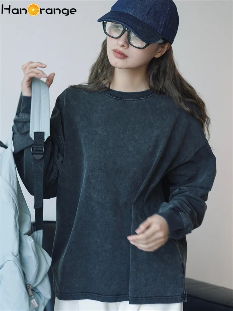 HanOrange 2024 Spring Summer Retro Denim Feeling Long Sleeved T-shirt Women Loose Cotton Top Washed Black/Bright Orange