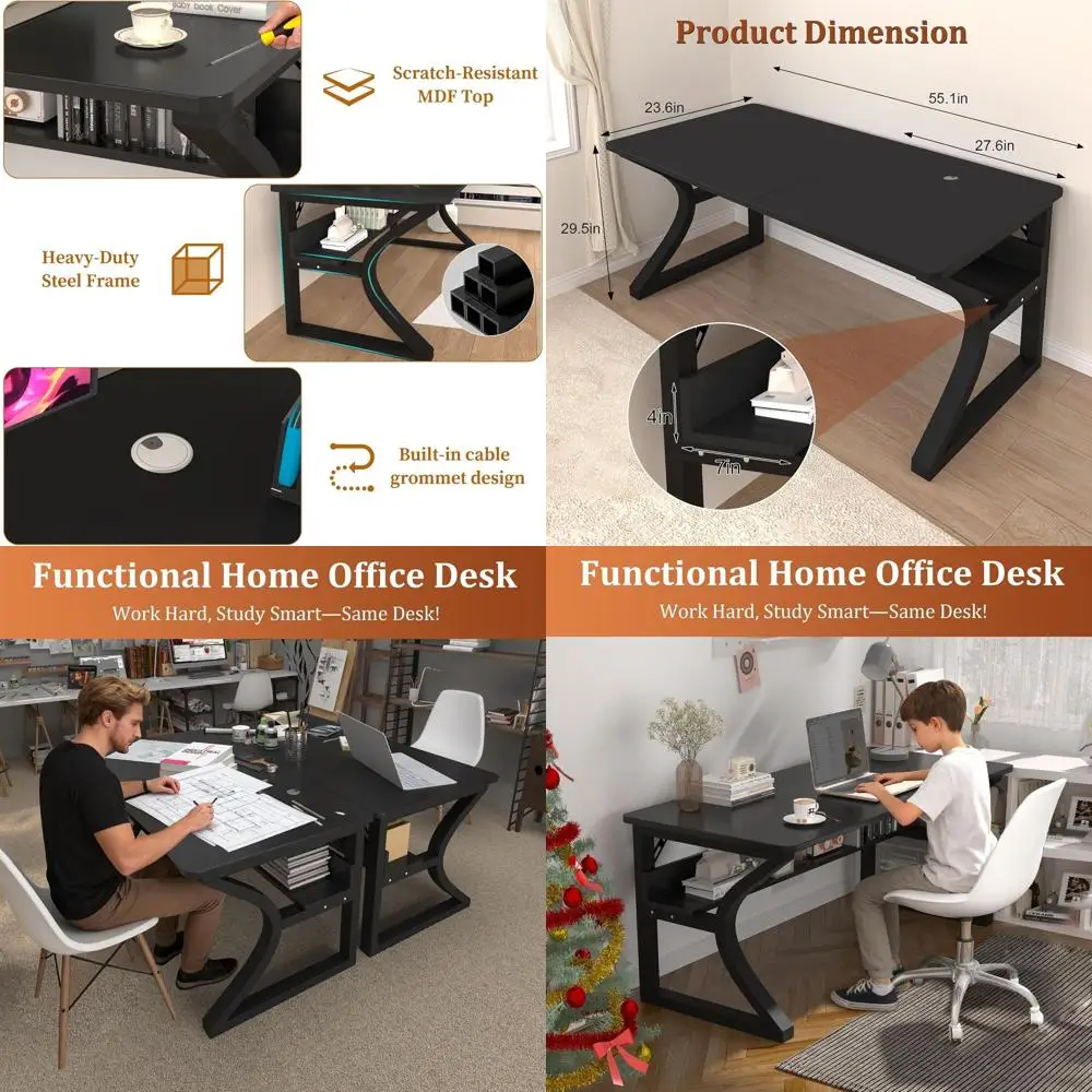 Stylish 55 Home Office Desk with Storage, Cable Management, and Durable U-Frame, Ideal for Study, Gaming, and Writing in Black