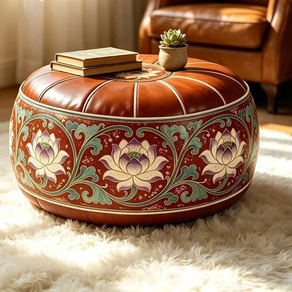 PU Leather Round Sofa Stool Cover Vintage Waterproof Seat Cushion Cover Space-Saving Unfilled Sofa Footstool Bedroom