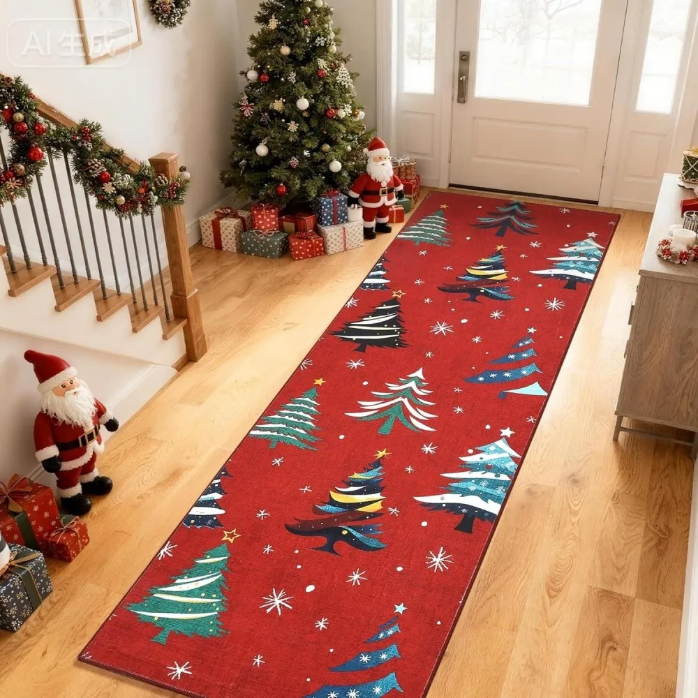 Christmas Runner Rug Colorful Xmas Tree Snowflake Long Hallway Mat Non Slip Floor Carpet For Stairs Living Room