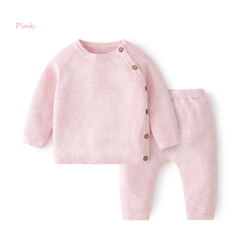 new Spring Autumn Newborn Girls 2PCS Sleep Set Solid Wave Point Side Buckle Knitwear Cotton Elastic Pants Suit Baby Girl Pajamas