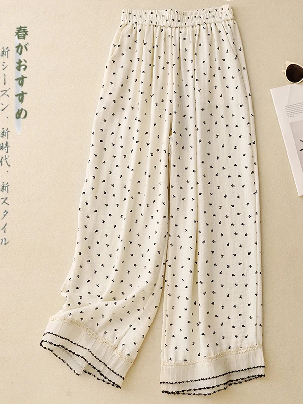 Pantalones de pierna ancha con estampado de retazos y ribete de encaje, cintura elástica, pantalones largos informales de pierna recta, ropa de verano de talla grande para mujer...