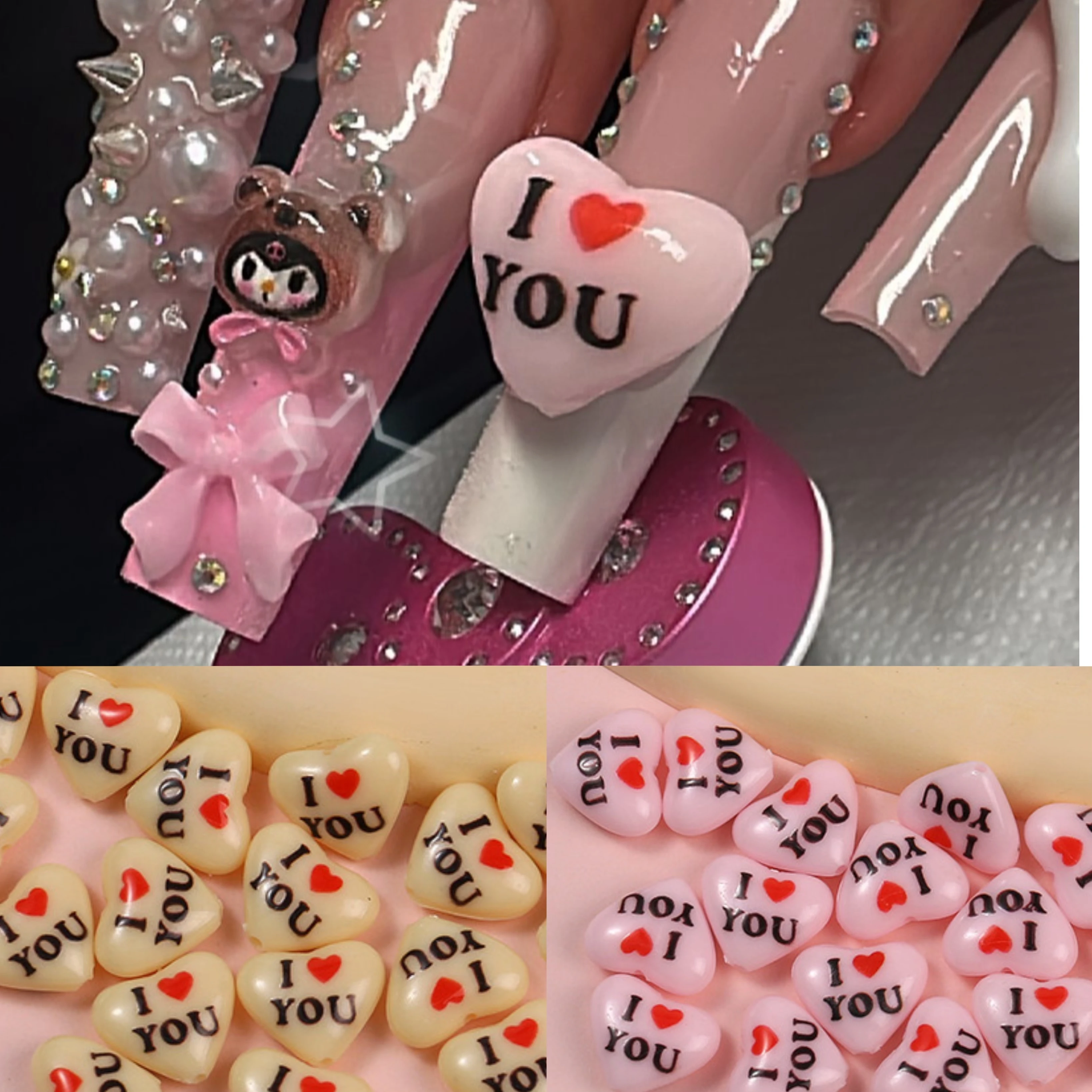 10 sztuk / worek Kocham Cię Różowe Czarne Białe Serce Koraliki Otwory Bransoletka Naszyjnik Kolczyk Łańcuch Akcesoria Kawaii Nail Art Charm Decor