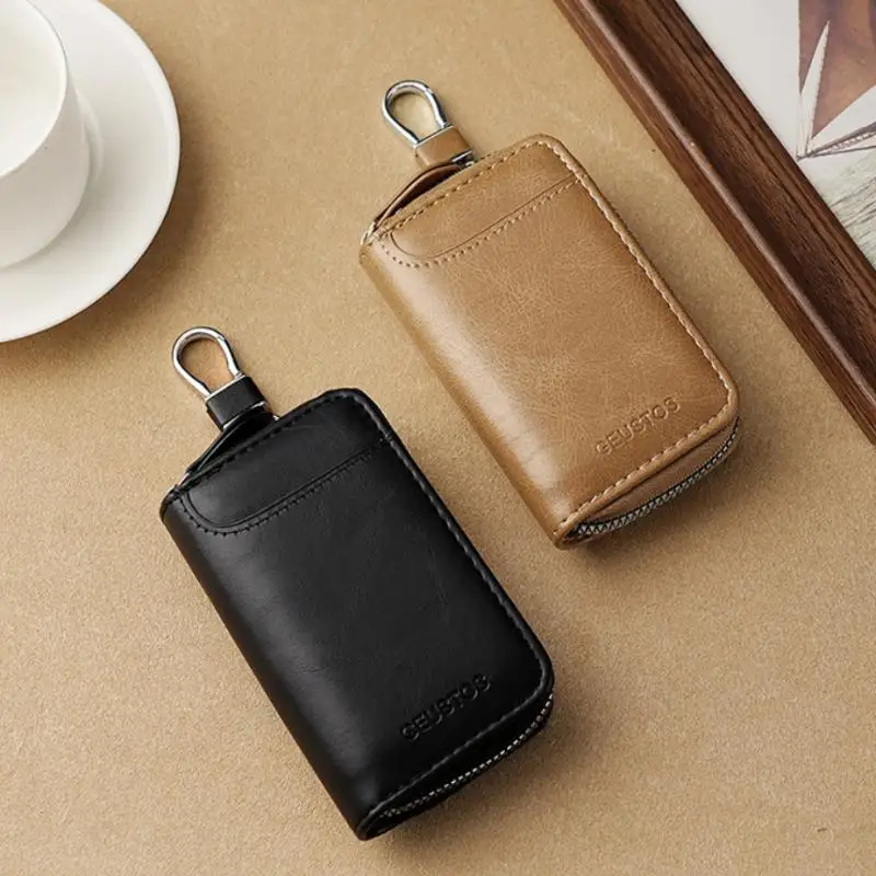 Retro-style PU Leather Zipper Key Bag Available In 4 Colors Multi-functional Card Bag For Commuting And Portable Keys Storage