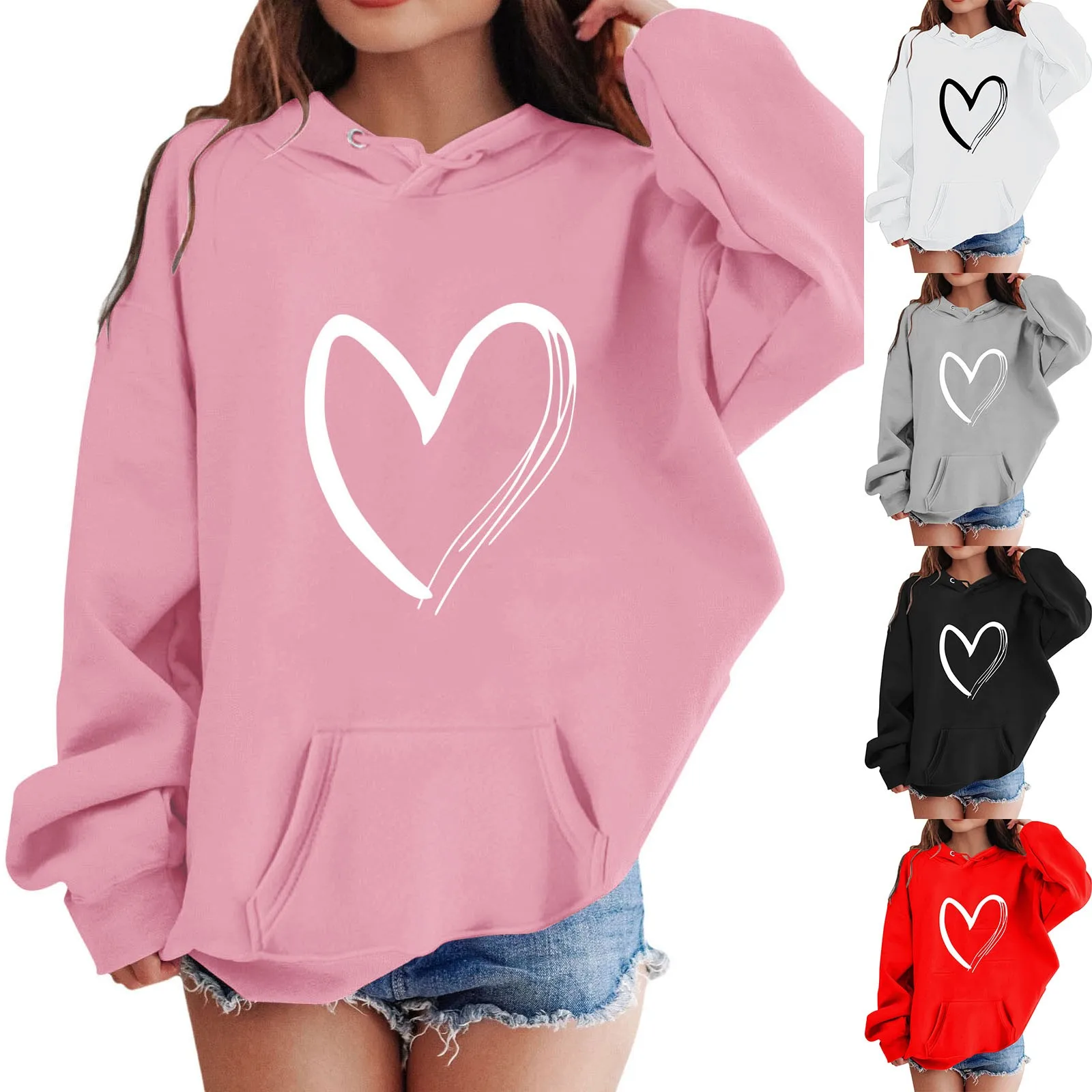 

Creative New Pink Heart Print Women's Hoodies Clothing Personality Casual Fashion Loose Sweater Long Sleeve Women's Clothing