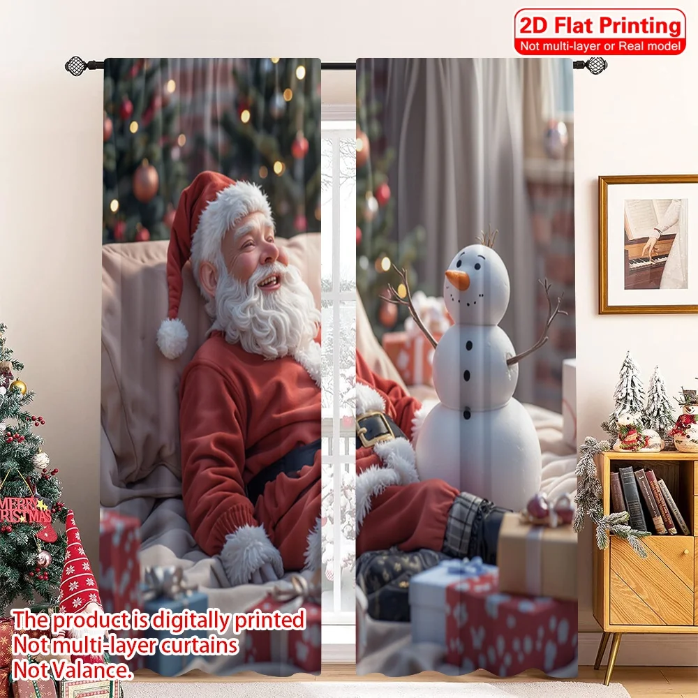 

2pcs 2D flat printing Merry Christmas Popular Curtain Santa Snowman Christmas Gifts 100% Polyester Without Electricity Party &