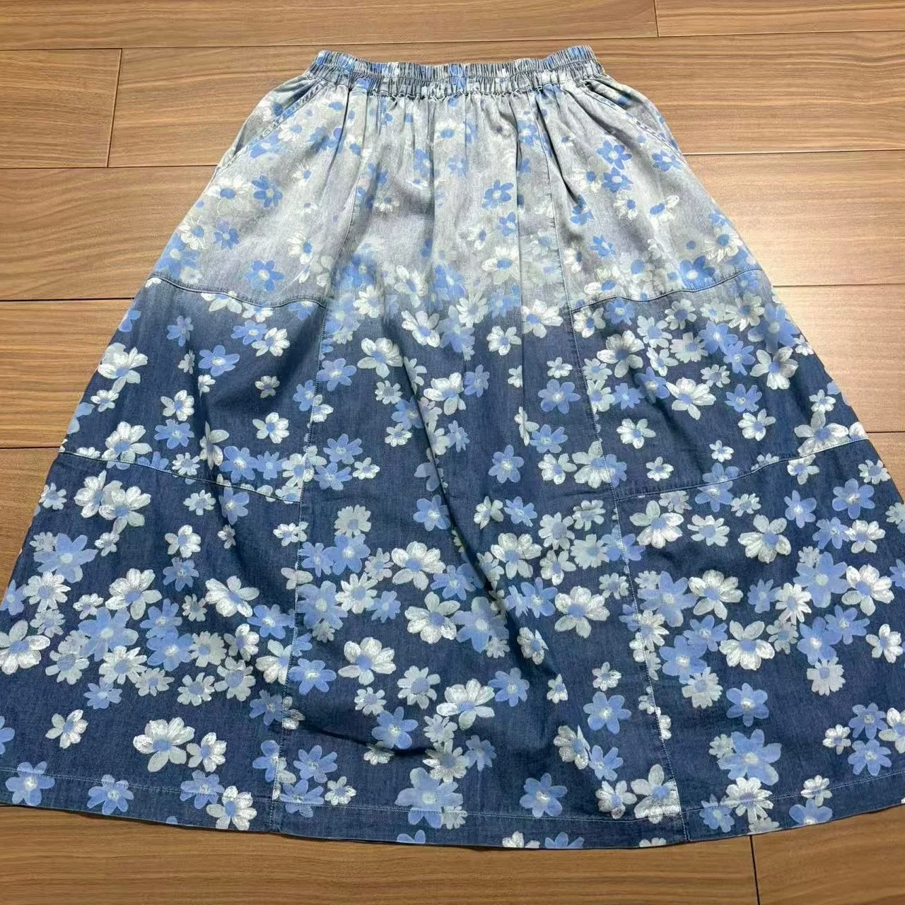 

Women's Cotton Denim Skirt Mid-Length A-Line Loose Fit Elastic Waist Gradient Print Summer New Style Casual Vintage Skirt