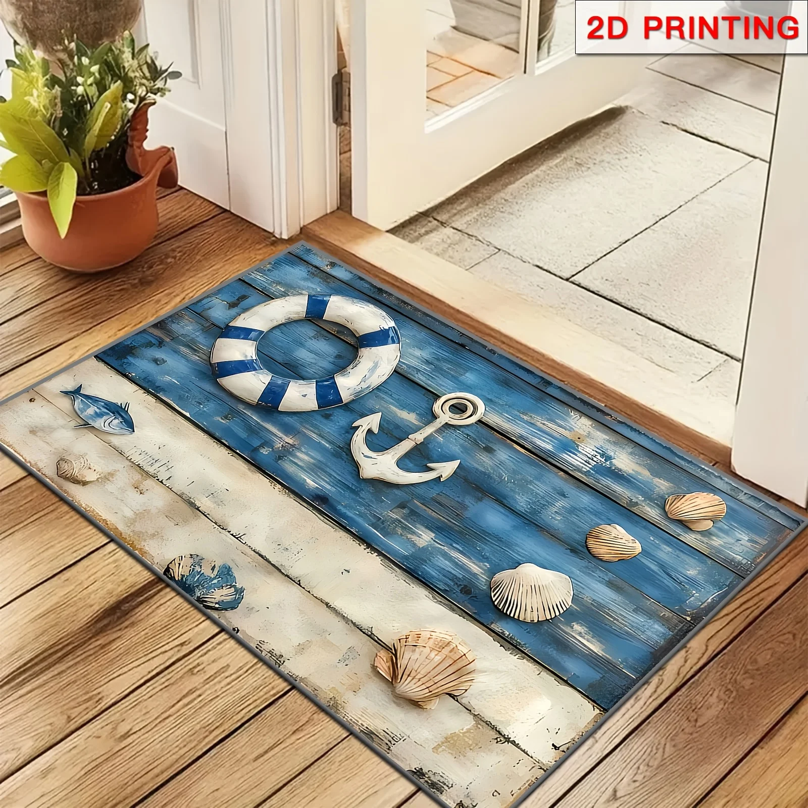 Nautical Wood Plank Anchor & Shell Flannel Bath Mat, Coastal Theme Anti-Slip Absorbent Floor Rug for Bathroom & Porch,