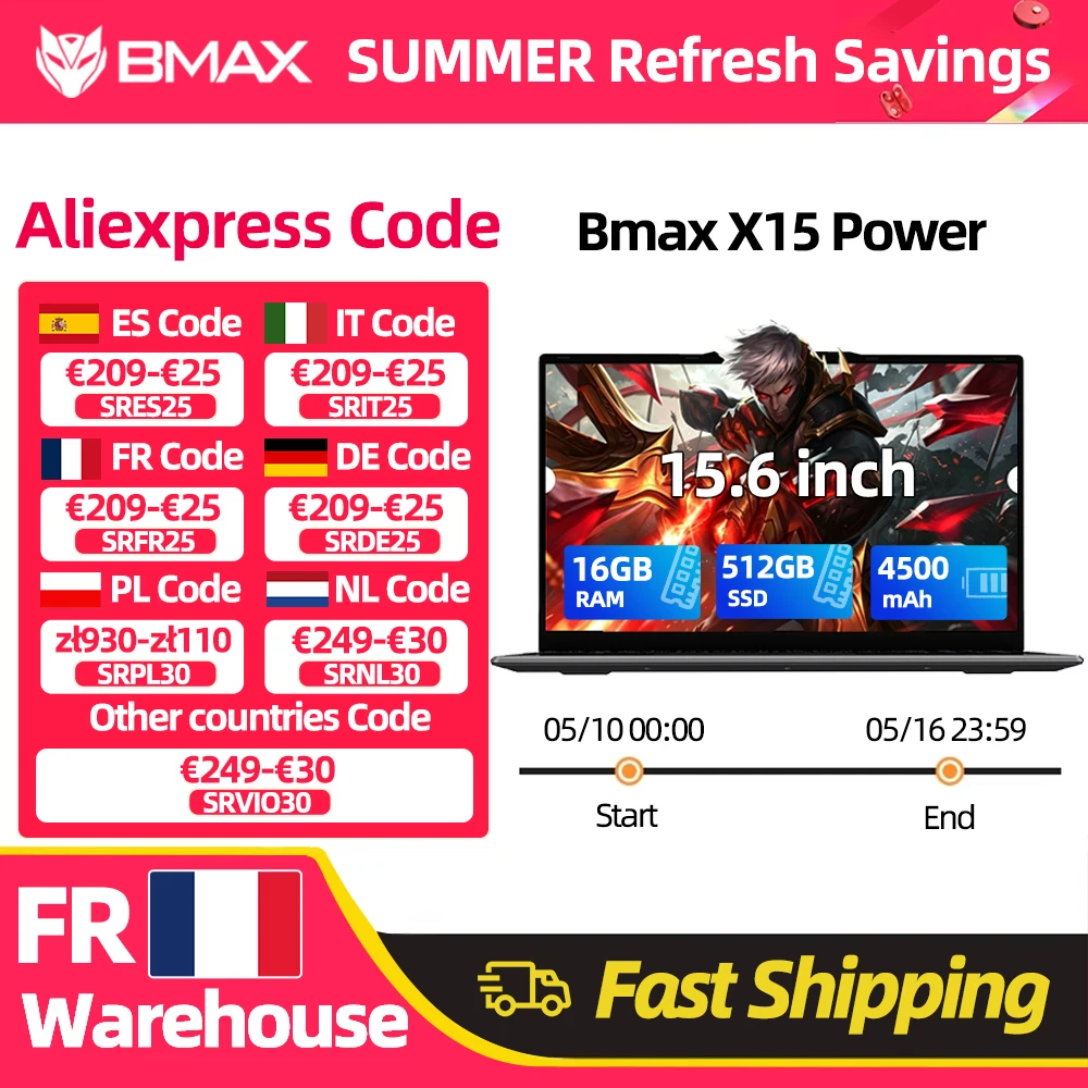 Ordinateur portable BMAX X15 Power 15,6'' IPS 16 Go de RAM 512 Go SSD Intel Core i3-8109U CPU Windows 11 Batterie 4500 mAh Ordinateur portable HDMI Wifi USB Clavier numérique