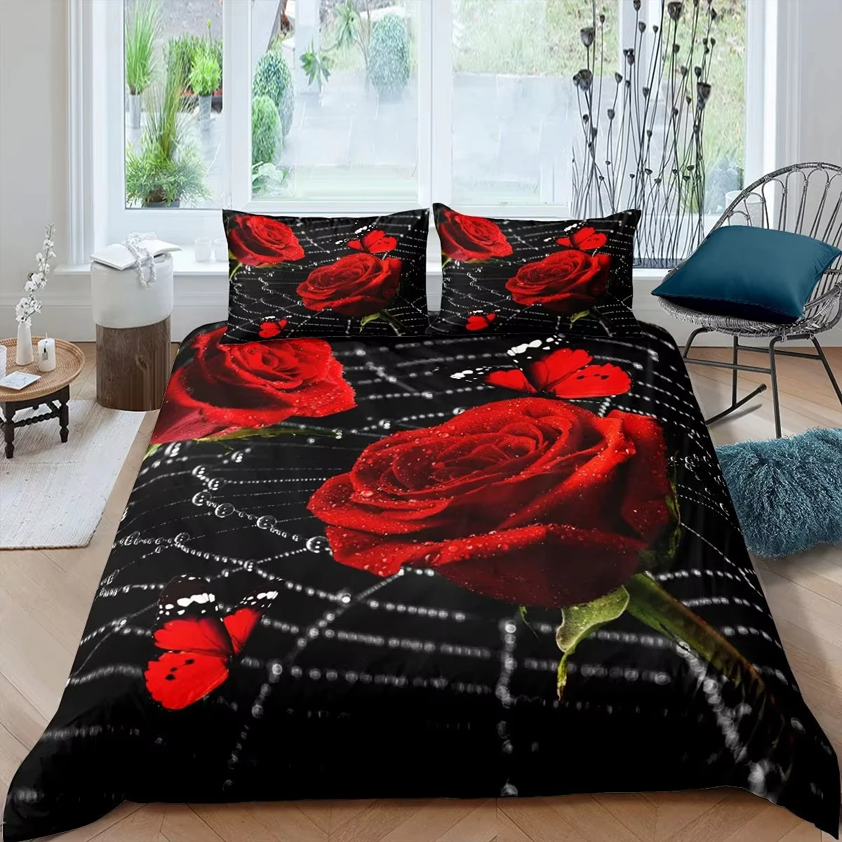 Red Rose Duvet Cover Water Blossom Floral Romantic Bedding Set Botanical Art Comforter Cover Chic Valentine's Day Theme Bed Sets
