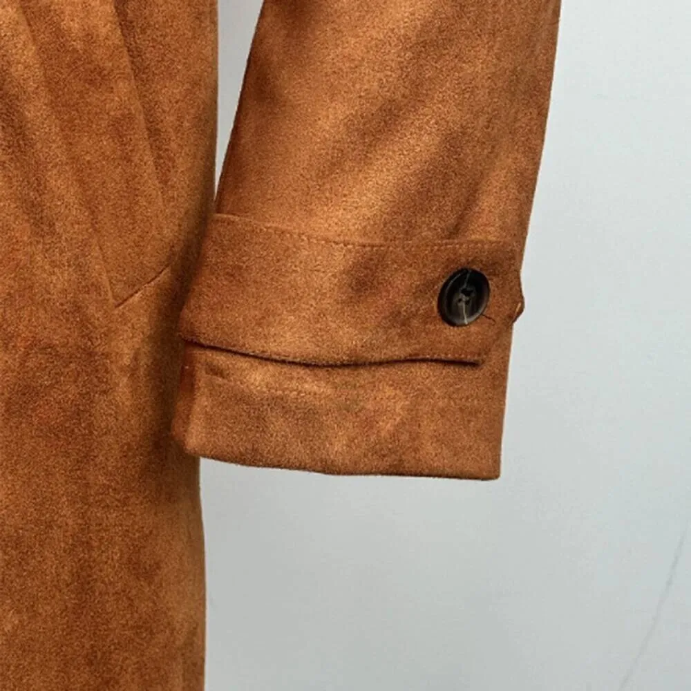 Nowa Jesienno-Zimowa Amerykańska Kurtka Retro z Zamszu Męska Średniej Długości Modna Kurtka w Stylu Streetwear z Klapami, Dwurzędowa