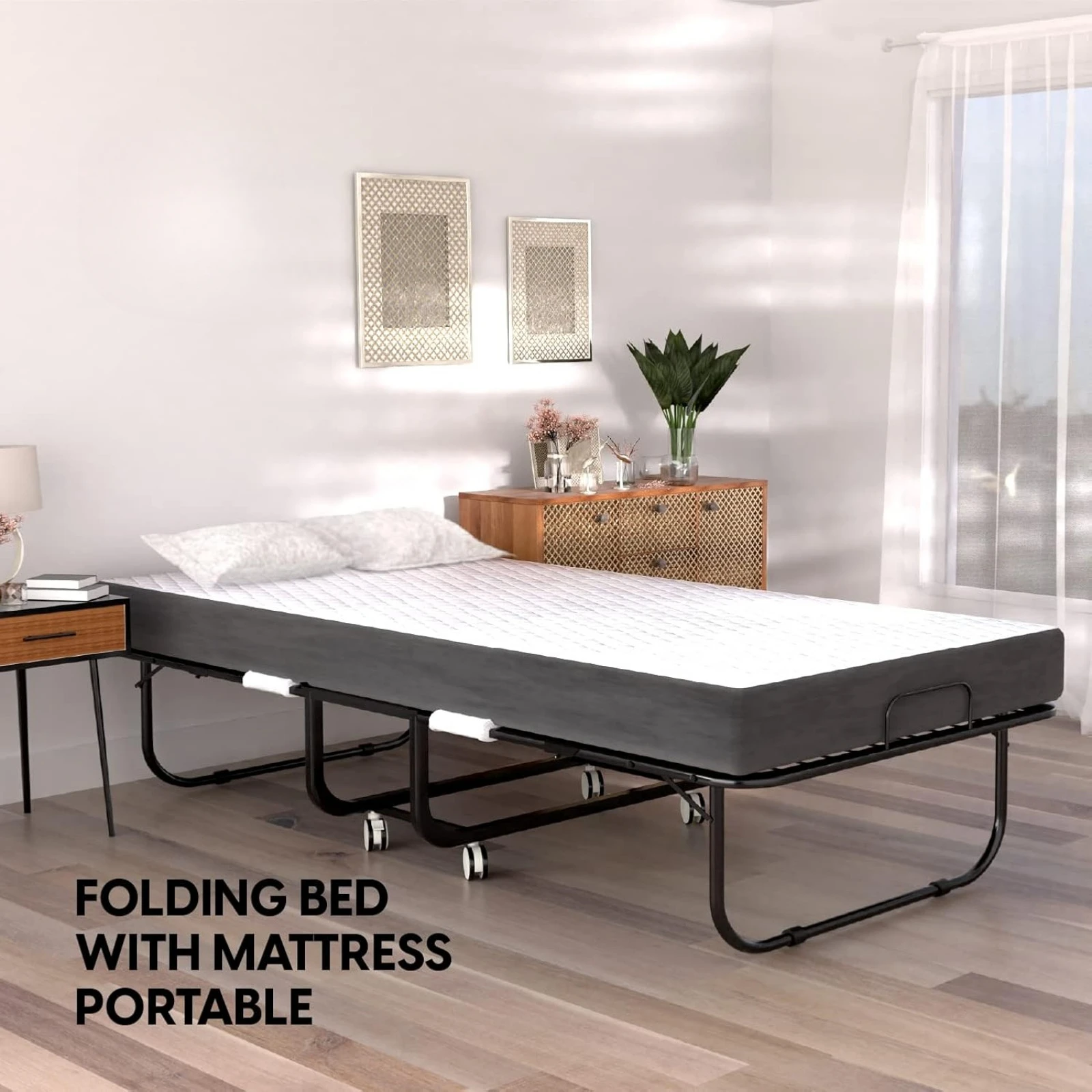 US Folding Bed with Mattress - 75x31 Cot Size Bed Frame - Portable Foldable Roll Away Adult Bed for Guest - 5-inch Thick Memory