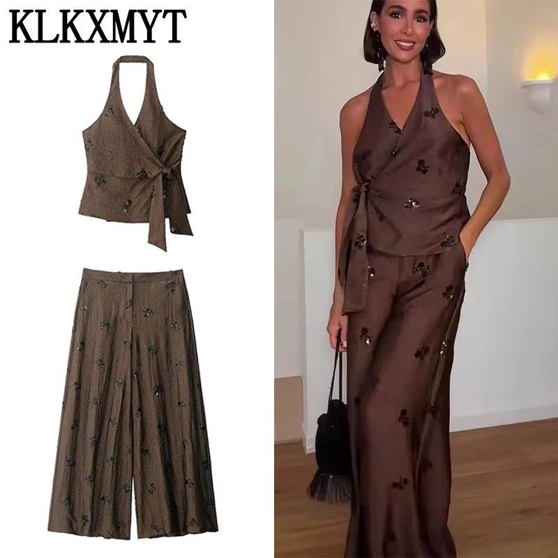KLKXMYT Chic Elegant Sequin Long Pants Set Women Backless Sleeveless Halter Top Wide Leg Trousers Suits 2026 Woman Outfits