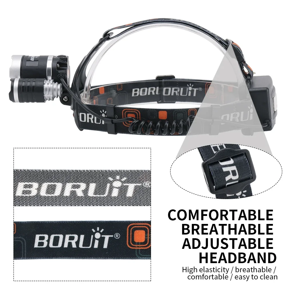 BORUiT RJ-3000 Red LED Headlamp 3000 Lumens 3 Lighting Modes Waterproof Rechargeable Headlight Outdoor Hunting Fishing Lamp ﻿