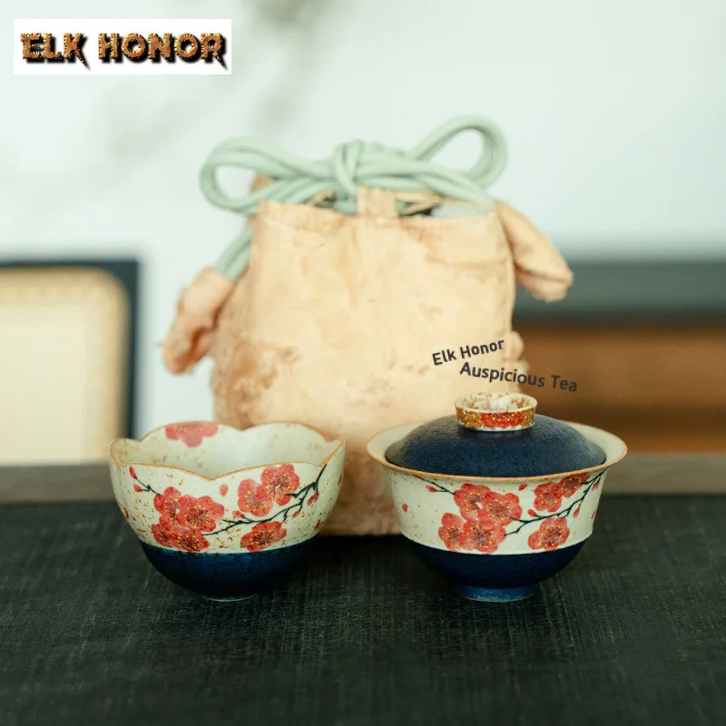 

Hand-painted Plum Blossoms Travel Tea Set Kit Aesthetic 1 Pot 1 Cups Tea Maker Organizer Portable Outdoor Handbag Ornaments Gift