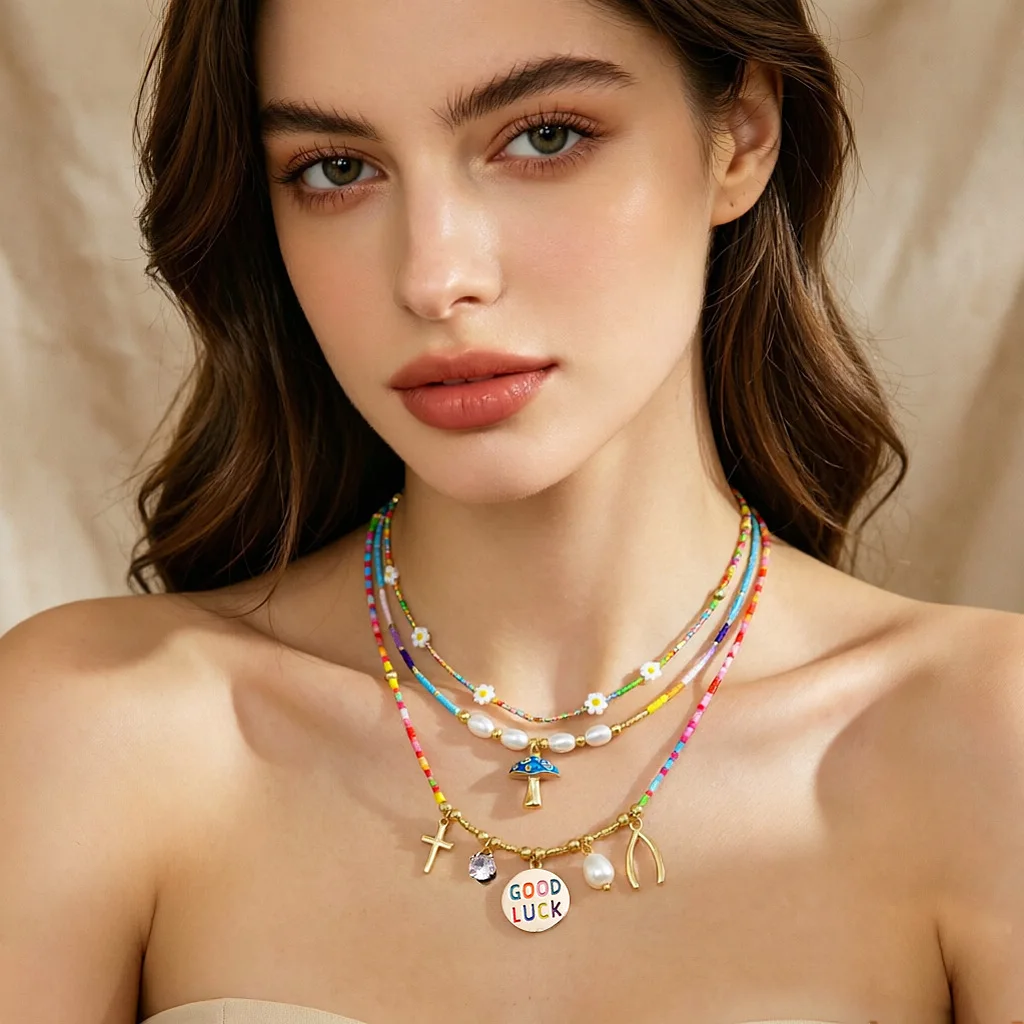 3Pcs Dopamine Rainbow Seed Bead Layered Choker Women Boho Daisy Mushroom Good Luck Pearl Necklace Summer Y2K Stack Jewelry