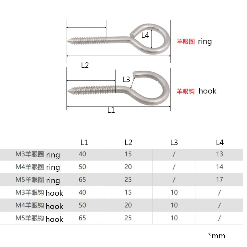 5pcs M3 M4 M5 Self-tapping Screws Sheep Eye Screw Bolt Ring Hook 304 Stainless Steel