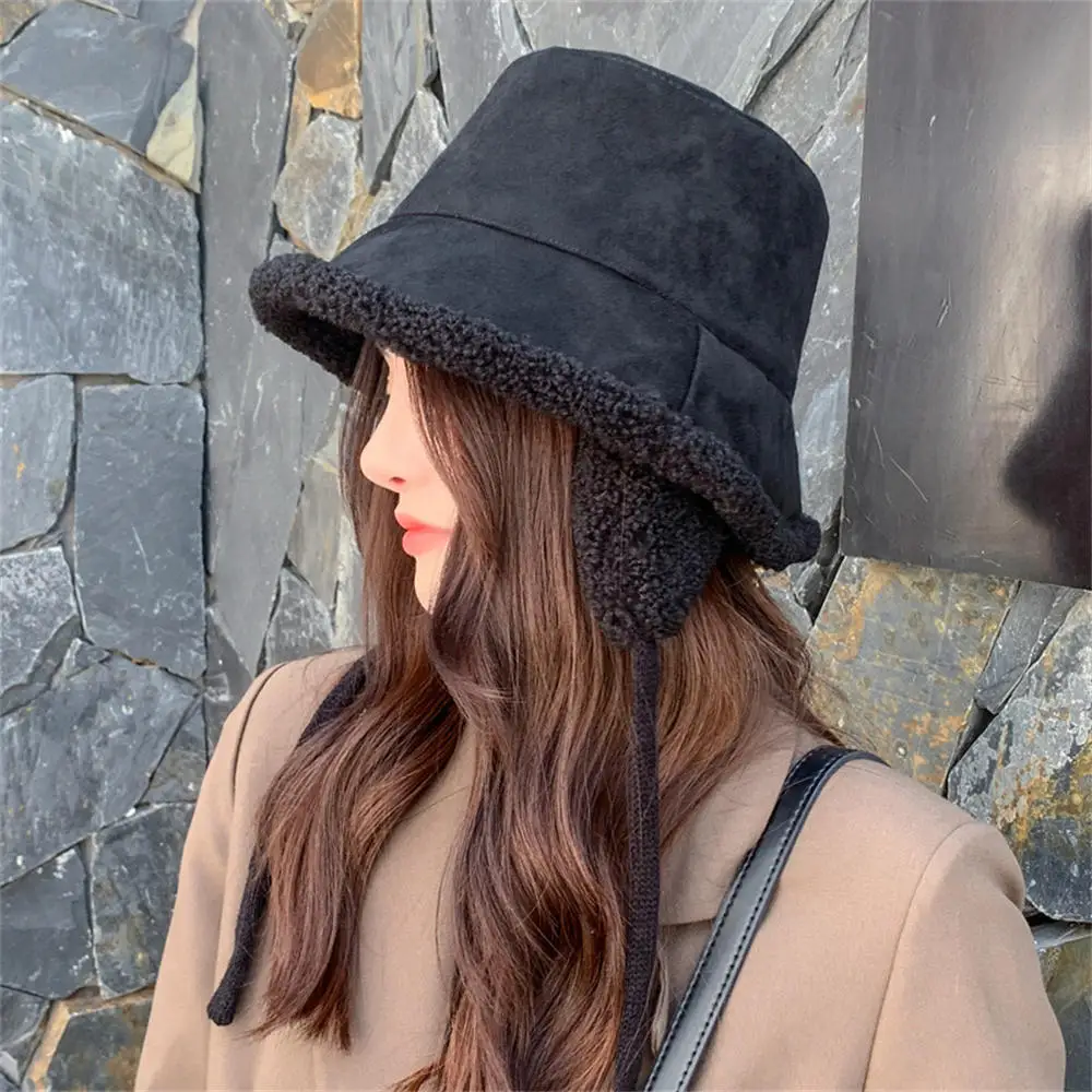 Winter Lamb Fur Fisherman Hat Fur Warm Female Hat Ear Protection Men And Women Bucket Hat Outdoor Sun Hat Panama Hat