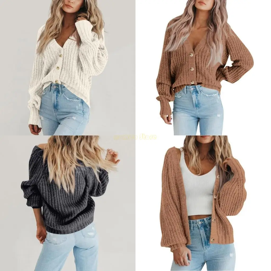

31BF Autumn Knitted Solid Color Cardigan Women's Long Sleeve Casual Loose Button Down Short Sweater Coat Outerwear