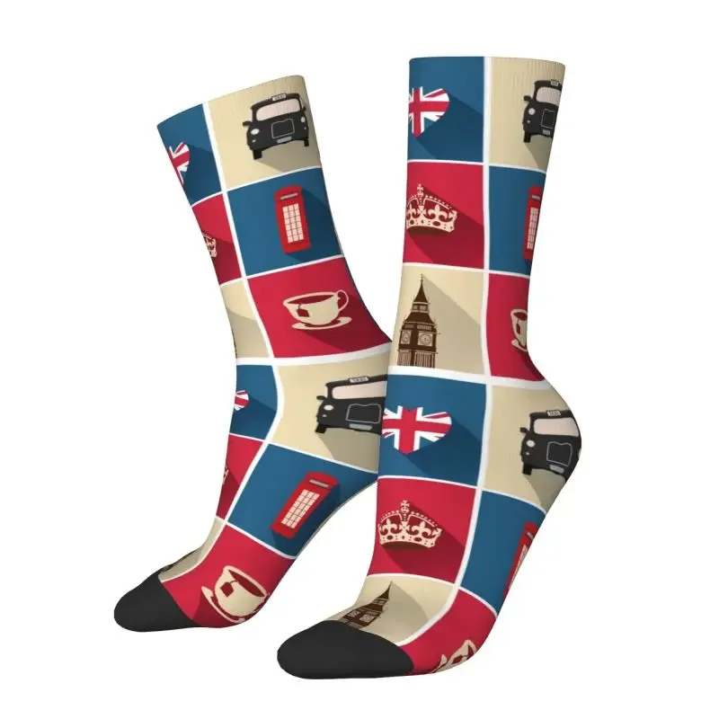 Novelty Mens Vintage UK London Symbol Dress Socks Hip Hop Breathable Comfortable 3D Print British Flag Red Bus Crazy Crew Socks