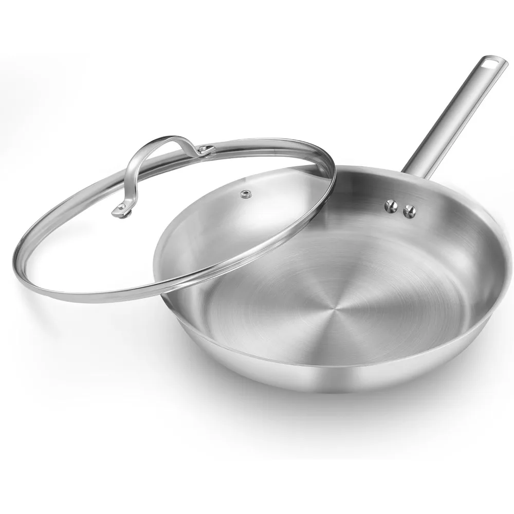 DELUXE Stainless Steel Pan, 11 Inches Oil Gather Pro Skillet with Lid and 3-ply Heavy Bottom, PFOA Free Frying Pot with