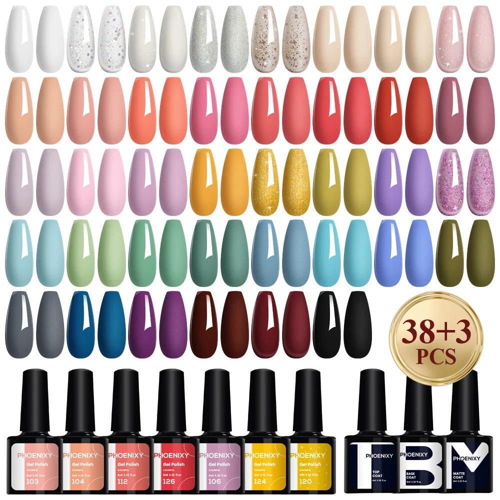 PHOENIXY 38PCS เจลเล็บชุด 8ML Base Matte Top Coat Long Lasting GEL เคลือบเงากึ่งถาวรเล็บเจลชุดสําหรับหญิง