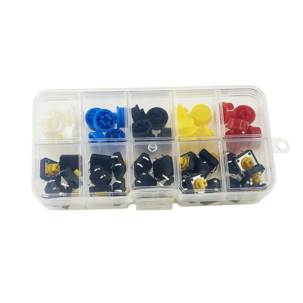 12x12x7.3mm Tactile Push Button Switch with 5-Color Caps - Micro Switch for Arduino, PCB & DIY Electronics Projects